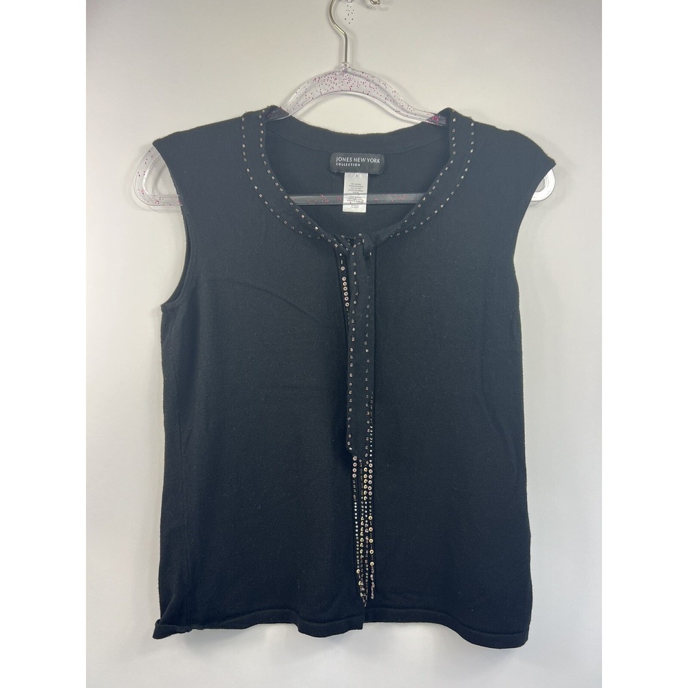 Jones New York‎ Top Shell Women's Sz S Black Beaded Front/Neck/Tie